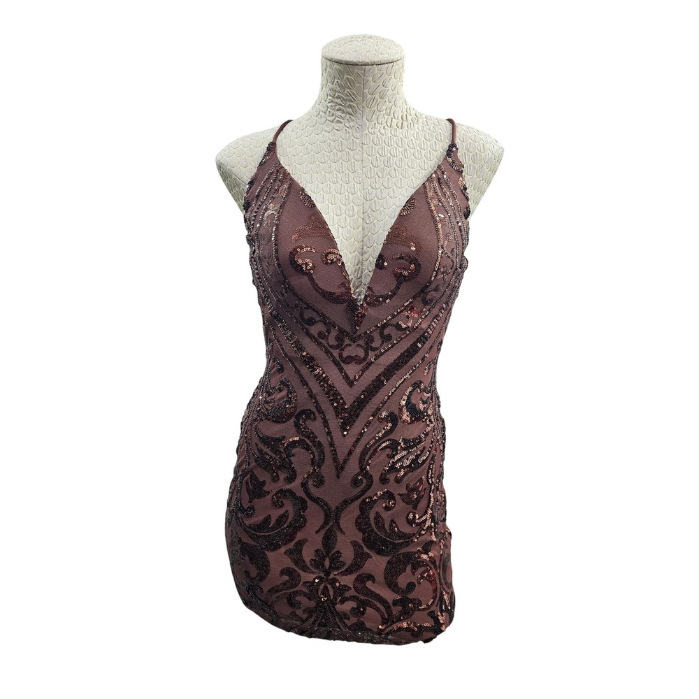 Windsor Sequin Mini Dress Womens Medium Brown Lace Up Back Formal Party NWT New